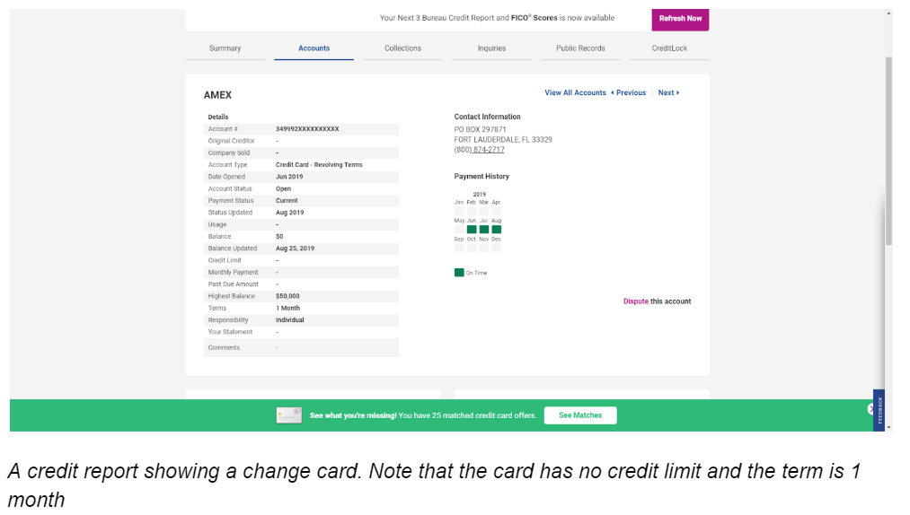 A Credit Report Showing A Charge Card  Note That The Card Has No Credit Limit And The Term Is 1 Month