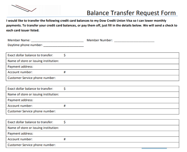 A Typical Balance Transfer Request Form