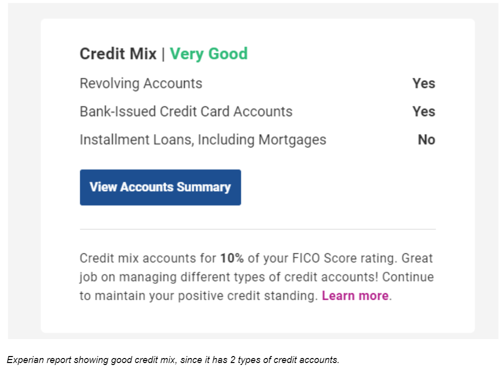 Experian Report Showing Very Good Credit Mix Since It Has 2 Types Of Credit Accounts