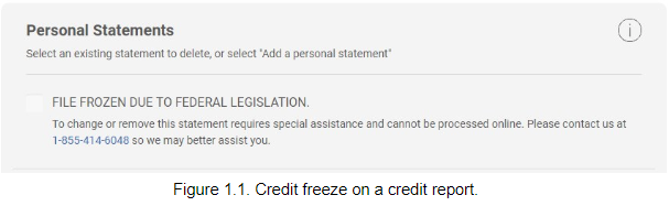 Credit freeze on a credit report.