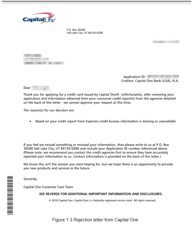 Rejection letter from Capital One.