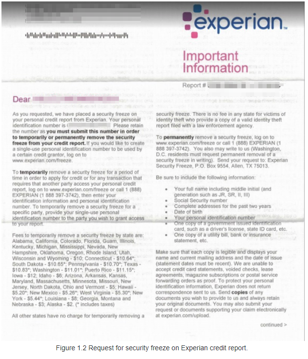 Request for security freeze on Experian credit report.