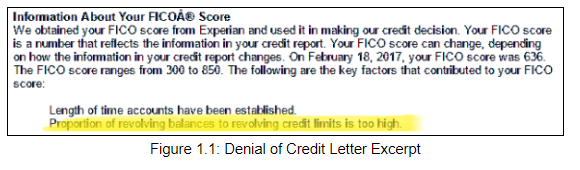 A letter excerpt of denial of credit.