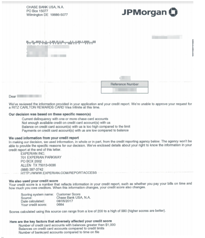 Chase rejection letter Chase rejection letter