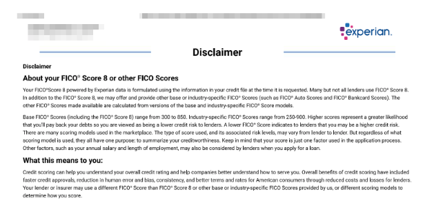 A disclaimer from experian explaining the difference between FICO Score 8 and undustry-specific score.