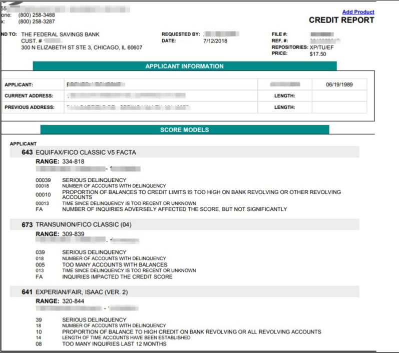 Credit report with all three credit scores.