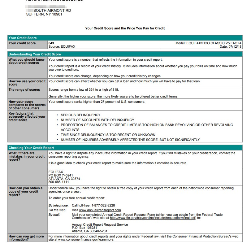 A credit report showing the middle score. A credit report showing the middle score.