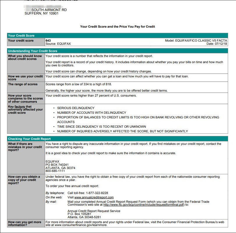 A credit report showing the middle score.