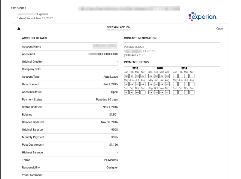 A credit report with a past due payment status.