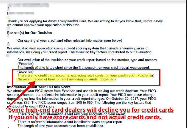 A rejection letter for card application.