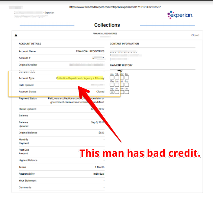 A credit report showing bad credit. A credit report showing bad credit.
