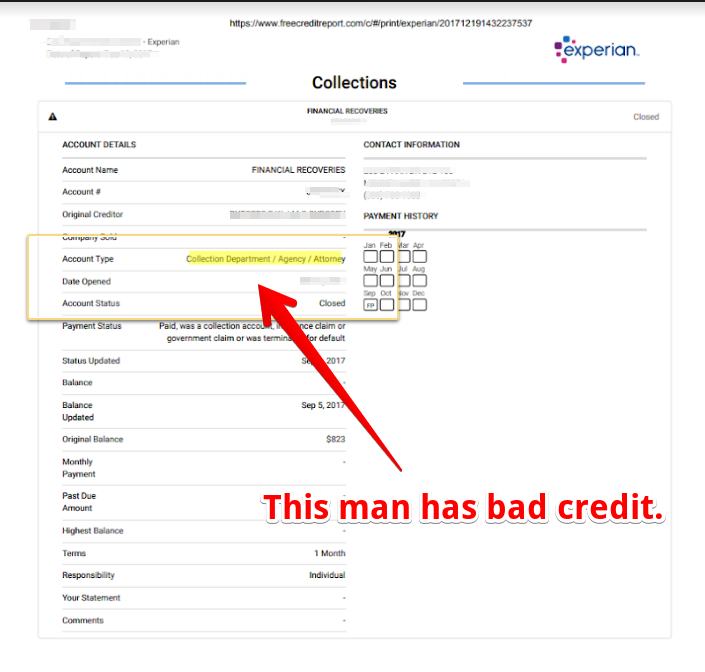 A credit report showing bad credit.