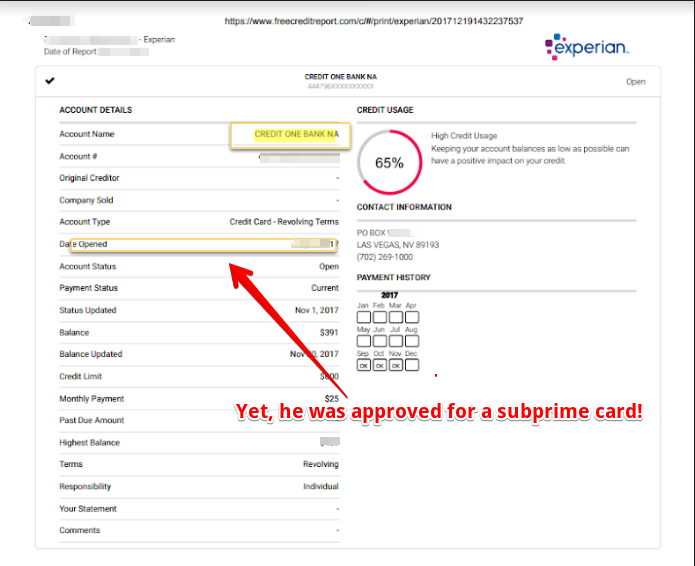 A credit report showing approval of a subprime card.