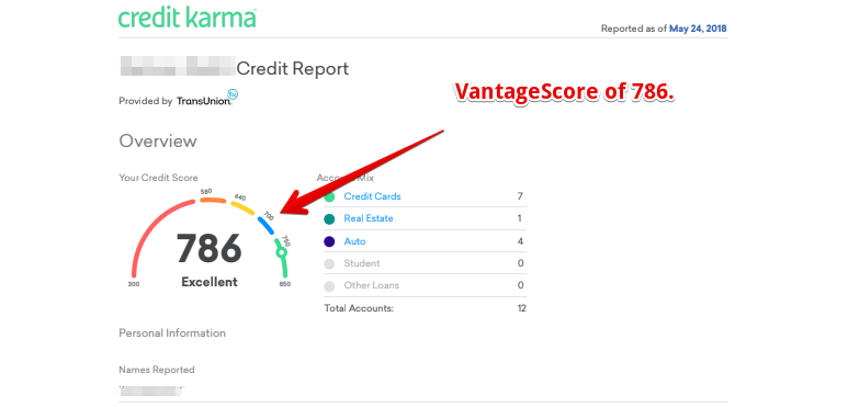 A snapshot of a user's VantageScore at 786. A snapshot of a user's VantageScore at 786.